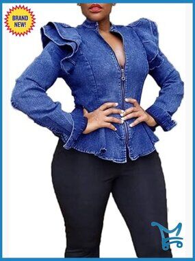 Women's Denim Jacket Long Sleeve Zip Ruffle Shoulder Peplum Coat Plus Size